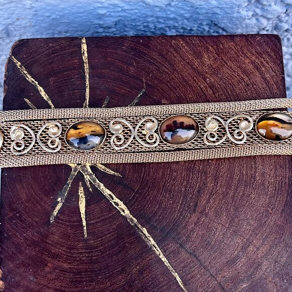 Vintage Gold Mesh Bracelet with Dendritic Agate Retro Costume Jewelry - Picture 1 of 10